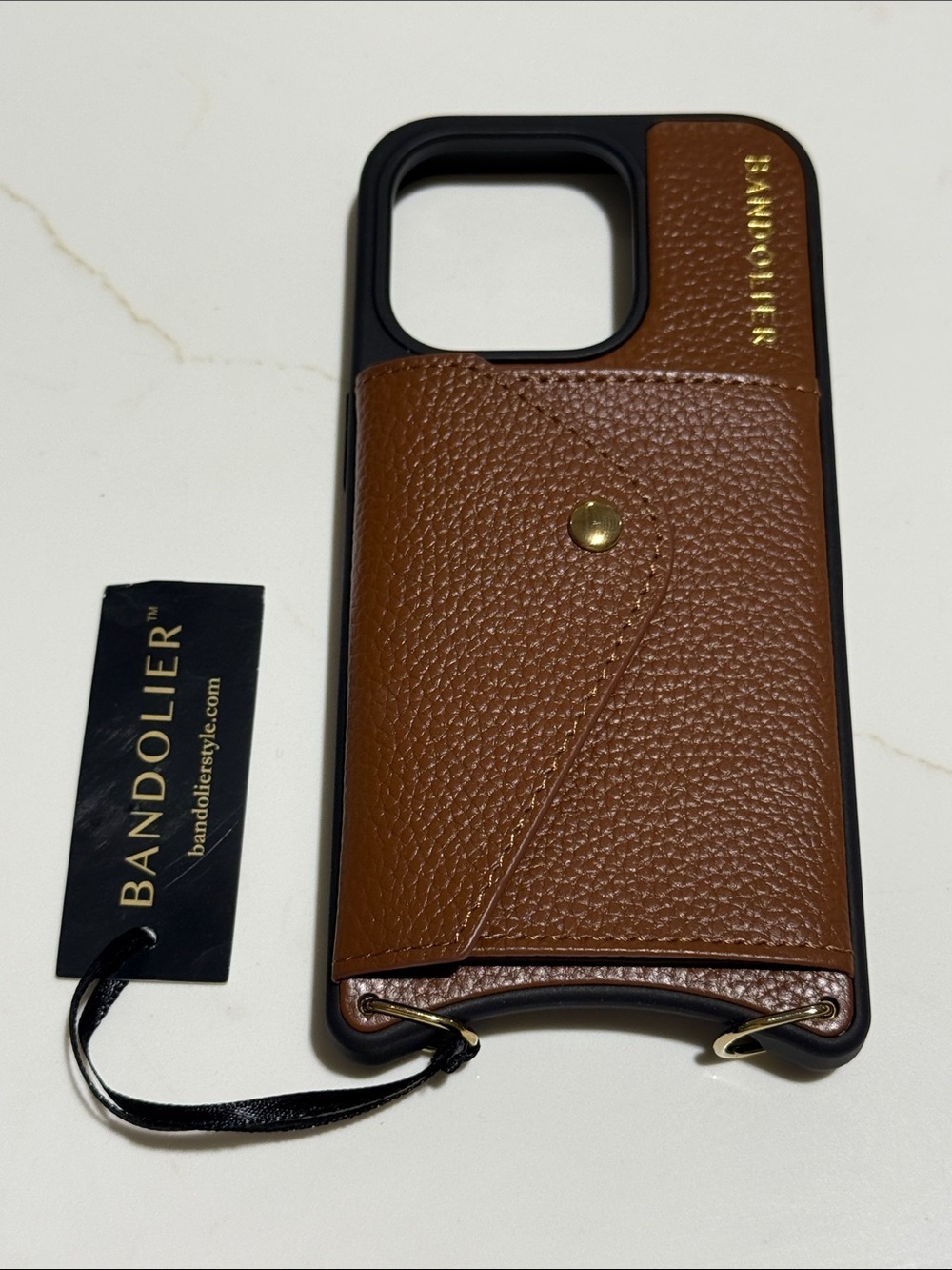 Bandolier Brown Leather Card Slot phone Case with Gold Accents- iPhone 15 Pro